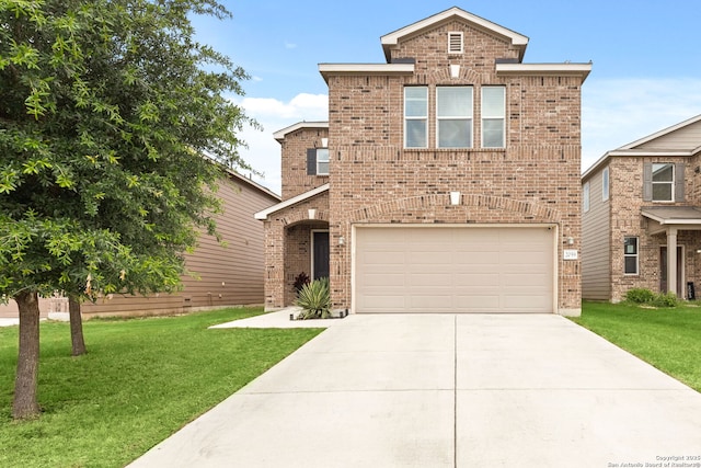 2059 Wind Chime, New Braunfels, TX 78130 - view of front of home featuring brick siding, an attached garage, driveway, and a front yard