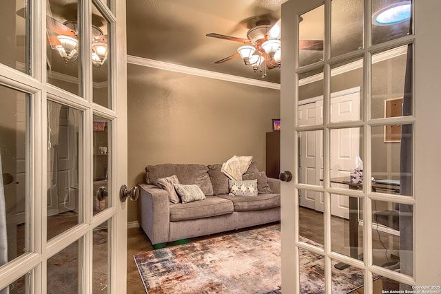 4326 Hilton Head, San Antonio, TX 78217 - living area featuring french doors, ornamental molding, and ceiling fan