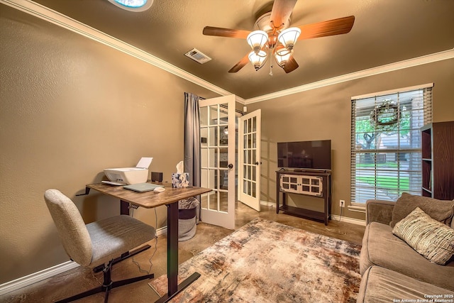 4326 Hilton Head, San Antonio, TX 78217 - home office with french doors, a ceiling fan, ornamental molding, and concrete floors
