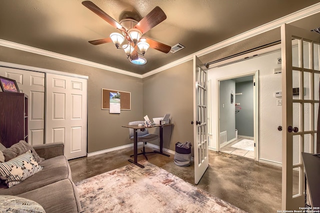 4326 Hilton Head, San Antonio, TX 78217 - office space with french doors, a ceiling fan, and ornamental molding