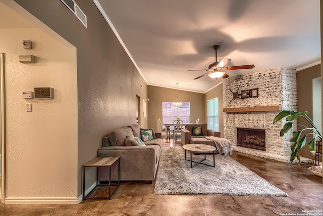 4326 Hilton Head, San Antonio, TX 78217 - living area featuring ornamental molding, concrete flooring, a ceiling fan, a brick fireplace, and a chandelier