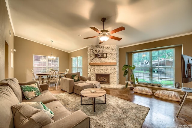 4326 Hilton Head, San Antonio, TX 78217 - living room featuring healthy amount of natural light, ornamental molding, a ceiling fan, wood finished floors, and a chandelier