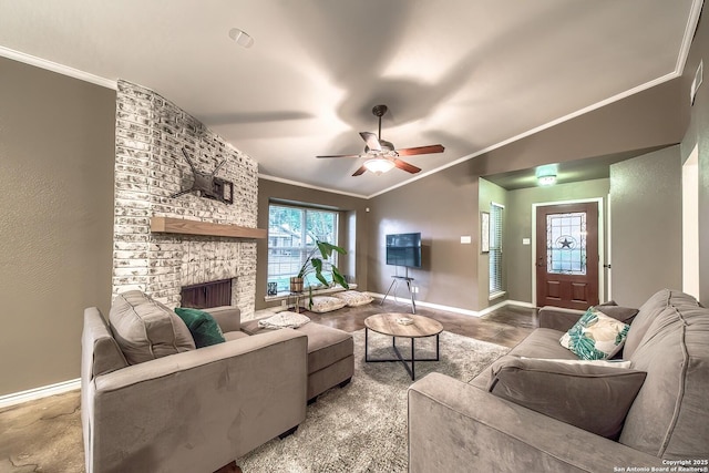 4326 Hilton Head, San Antonio, TX 78217 - living area with crown molding, ceiling fan, a large fireplace, and vaulted ceiling