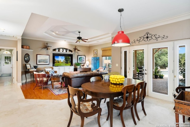 5 Remington, San Antonio, TX 78258 - dining area with ornamental molding, a ceiling fan, french doors, and a tray ceiling