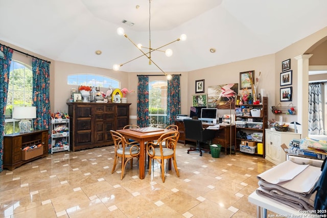 5 Remington, San Antonio, TX 78258 - dining space with ornate columns, plenty of natural light, a chandelier, lofted ceiling, and arched walkways