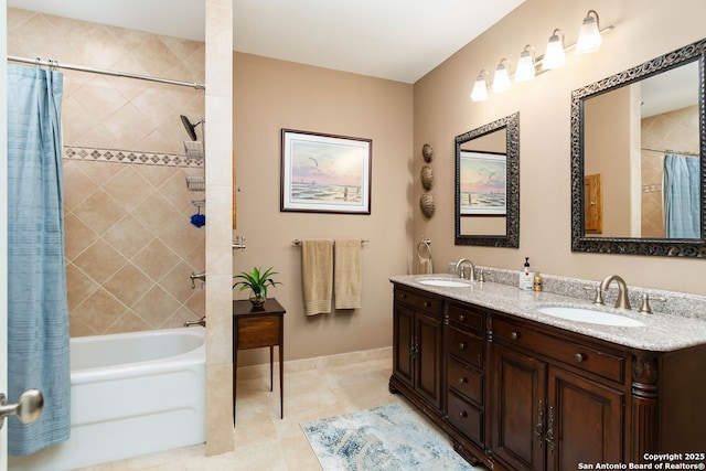 5 Remington, San Antonio, TX 78258 - bathroom with double vanity, shower / bath combo with shower curtain, and tile patterned flooring