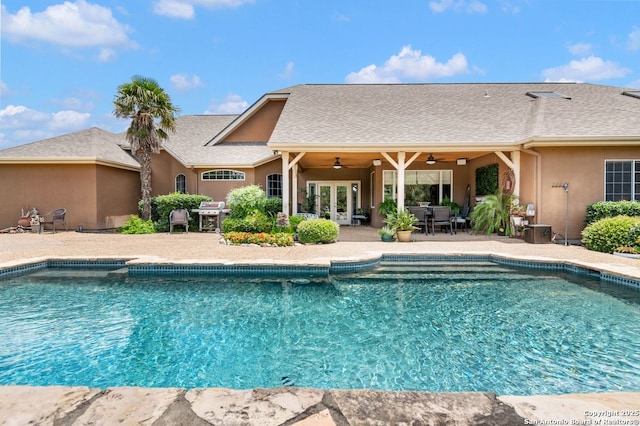 5 Remington, San Antonio, TX 78258 - outdoor pool featuring french doors, ceiling fan, a patio area, and grilling area