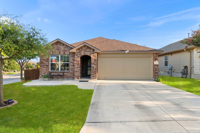 15102 Field Sparrow, San Antonio, TX 78253 - ranch-style house with an attached garage, concrete driveway, brick siding, and a shingled roof