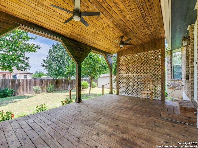97 Windcrest, Floresville, TX 78114 - wooden terrace featuring ceiling fan, a fenced backyard, and a storage unit