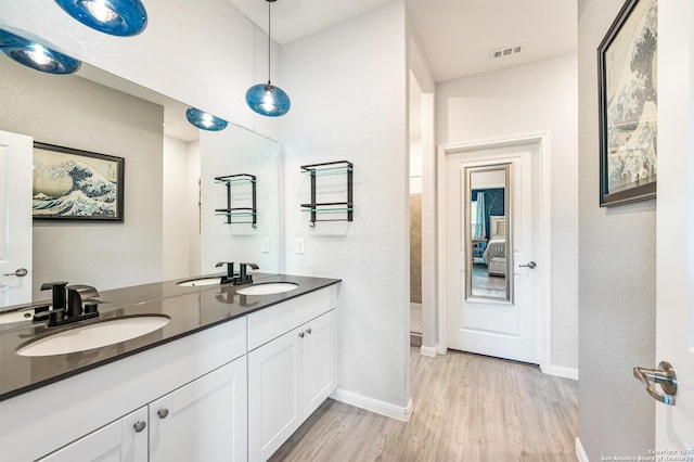 13215 Turnesa Ter, San Antonio, TX 78221 - bathroom featuring wood finished floors, double vanity, and walk in shower
