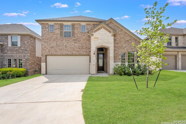 2614 Banditos Rdg, San Antonio, TX 78245 - view of front of property with a garage, concrete driveway, a front yard, stone siding, and brick siding