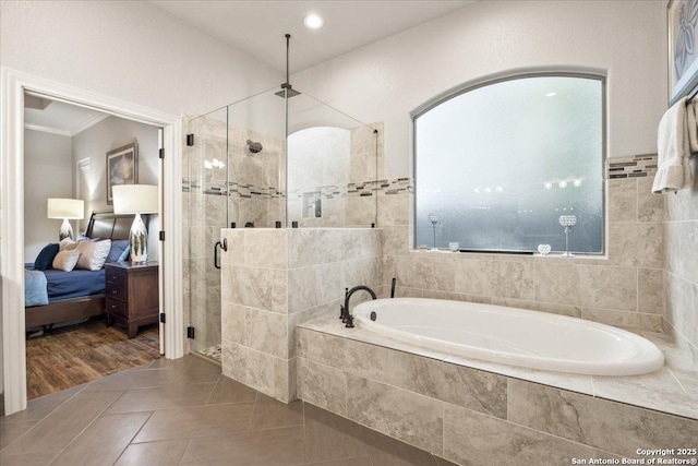 26815 Duet Dr, San Antonio, TX 78260 - ensuite bathroom with a bath, a shower stall, tile patterned flooring, crown molding, and recessed lighting