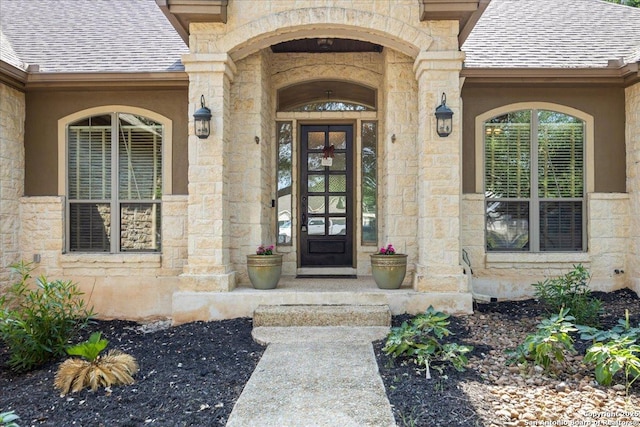 26815 Duet Dr, San Antonio, TX 78260 - entrance to property with a shingled roof and stone siding