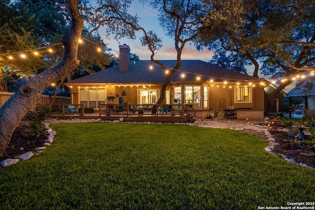 26815 Duet Dr, San Antonio, TX 78260 - rear view of property with a wooden deck, a chimney, and stucco siding
