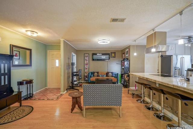 9518 Wahada, San Antonio, TX 78217 - living area featuring light wood-style floors, a textured ceiling, and ornamental molding