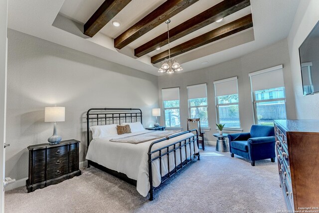 29519 Elkhorn, Fair Oaks Ranch, TX 78015 - bedroom featuring beamed ceiling, carpet floors, and a chandelier