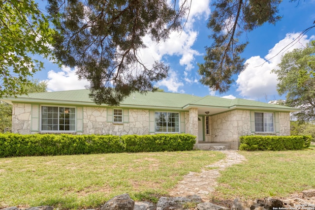 655 Shepherds, Bulverde, TX 78163 - ranch-style house featuring stone siding and a front yard