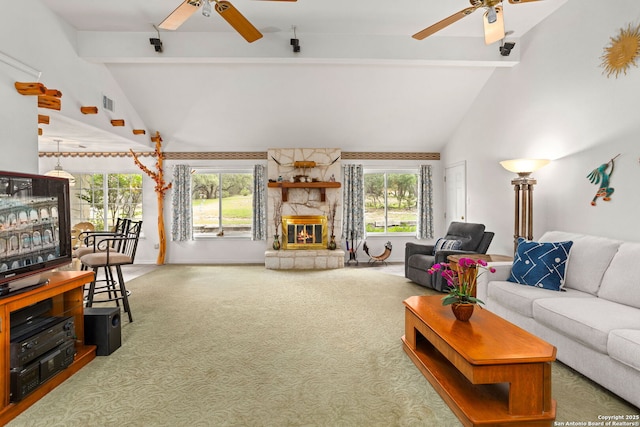 655 Shepherds, Bulverde, TX 78163 - living room with ceiling fan, carpet floors, and a stone fireplace
