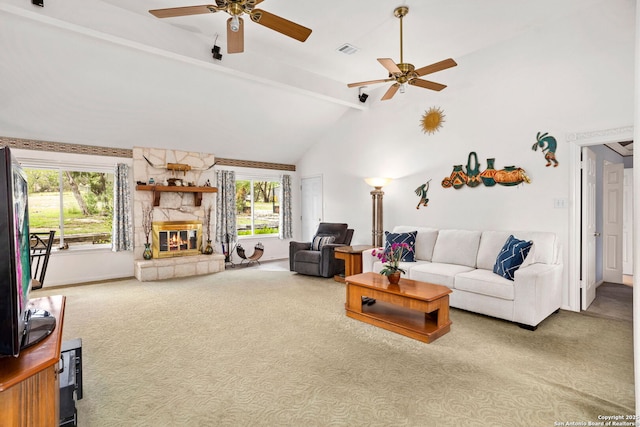 655 Shepherds, Bulverde, TX 78163 - carpeted living room with a ceiling fan and a stone fireplace