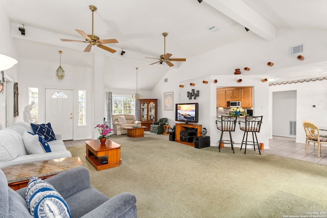 655 Shepherds, Bulverde, TX 78163 - living room featuring beam ceiling, ceiling fan, light carpet, and high vaulted ceiling