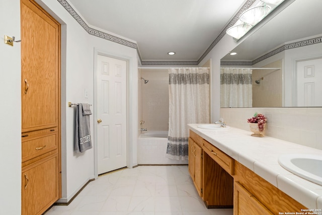 655 Shepherds, Bulverde, TX 78163 - full bathroom featuring marble finish flooring, tiled shower / bath, double vanity, recessed lighting, and backsplash