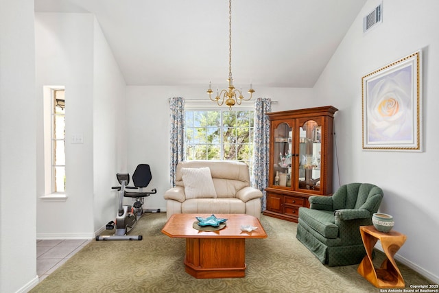 655 Shepherds, Bulverde, TX 78163 - carpeted living room featuring lofted ceiling and a chandelier