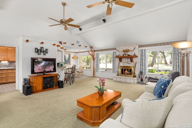 655 Shepherds, Bulverde, TX 78163 - living area with ceiling fan, light colored carpet, and a stone fireplace