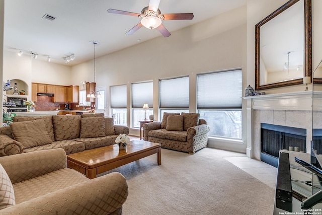 20927 Las Lomas Blvd, San Antonio, TX 78258 - living area featuring a fireplace, light carpet, and a ceiling fan