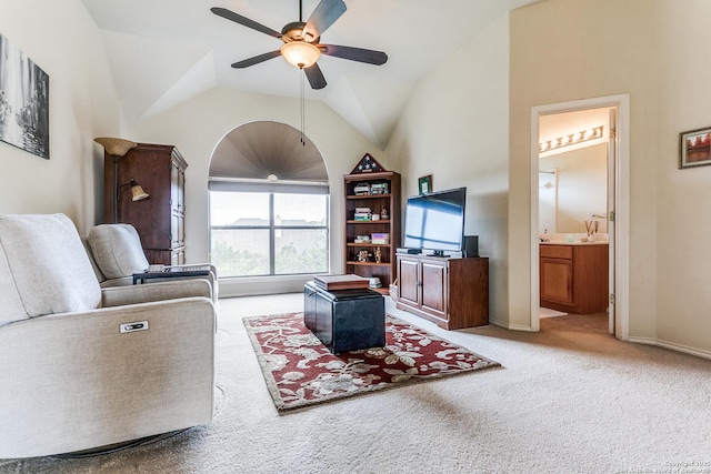 20927 Las Lomas Blvd, San Antonio, TX 78258 - living room with light colored carpet, ceiling fan, and vaulted ceiling