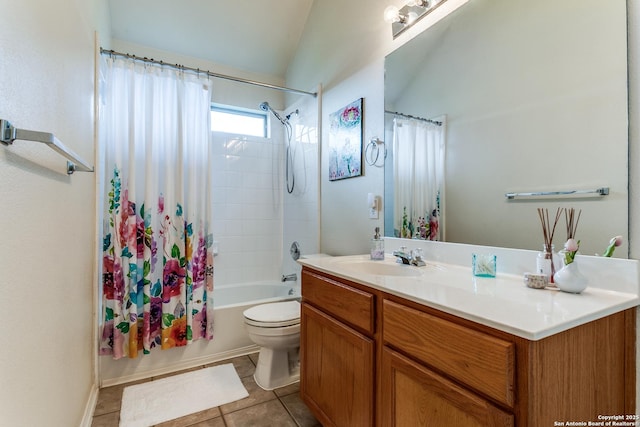 20927 Las Lomas Blvd, San Antonio, TX 78258 - full bath featuring vanity, shower / tub combo with curtain, tile patterned flooring, and vaulted ceiling