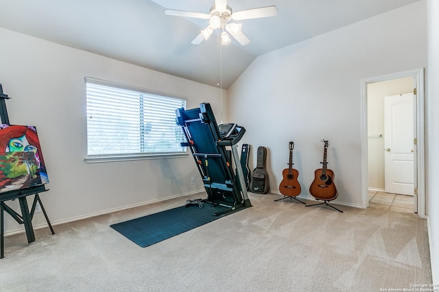 20927 Las Lomas Blvd, San Antonio, TX 78258 - exercise room featuring carpet, ceiling fan, and vaulted ceiling