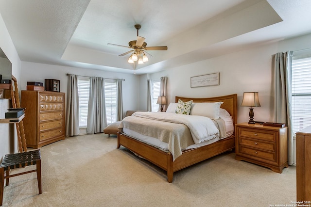 20927 Las Lomas Blvd, San Antonio, TX 78258 - bedroom featuring a tray ceiling, light colored carpet, multiple windows, and ceiling fan