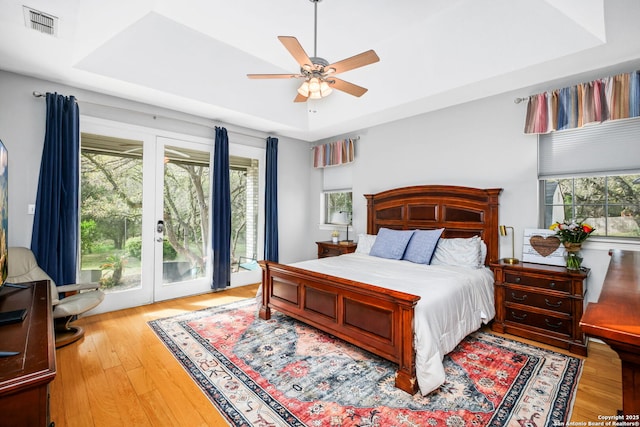 109 Trailcrest, Hollywood Park, TX 78232 - bedroom featuring access to outside, wood finished floors, a raised ceiling, and multiple windows