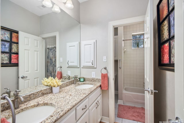 109 Trailcrest, Hollywood Park, TX 78232 - bathroom with double vanity, tile patterned floors, and shower / tub combo with curtain
