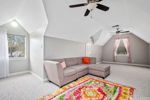 109 Trailcrest, Hollywood Park, TX 78232 - living room with a ceiling fan, lofted ceiling, plenty of natural light, and carpet floors