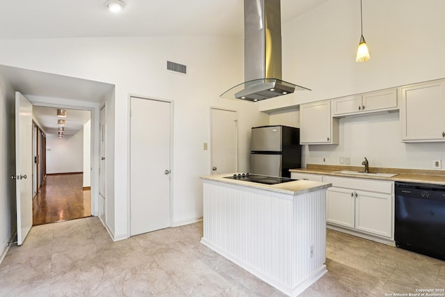 12010 Arms Way, Live Oak, TX 78233 - kitchen featuring black appliances, high vaulted ceiling, island range hood, light countertops, and a kitchen island