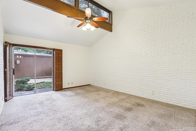 12010 Arms Way, Live Oak, TX 78233 - carpeted empty room featuring brick wall, ceiling fan, and vaulted ceiling