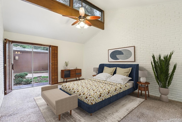 12010 Arms Way, Live Oak, TX 78233 - bedroom featuring brick wall, carpet flooring, access to exterior, and ceiling fan