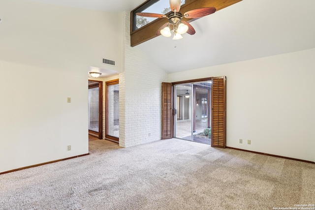 12010 Arms Way, Live Oak, TX 78233 - unfurnished room with a ceiling fan, carpet, beamed ceiling, and high vaulted ceiling