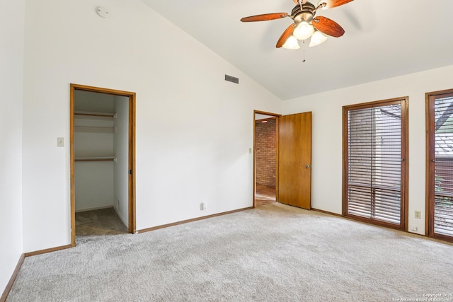 12010 Arms Way, Live Oak, TX 78233 - unfurnished bedroom featuring carpet, a walk in closet, high vaulted ceiling, and ceiling fan