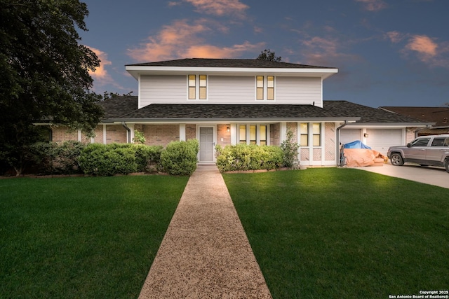6403 Port Royal, San Antonio, TX 78244 - traditional-style home featuring a yard, a garage, concrete driveway, brick siding, and a shingled roof