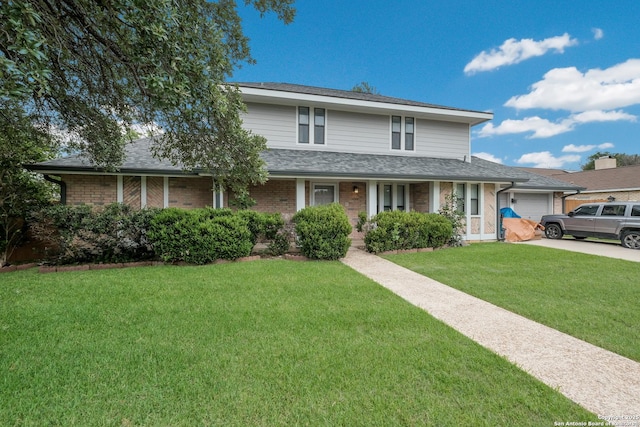 6403 Port Royal, San Antonio, TX 78244 - traditional home featuring an attached garage, a front yard, driveway, brick siding, and a shingled roof