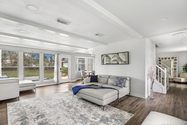 931 Republic Rd, New Caney, TX 77357 - living area with wood finished floors, beamed ceiling, stairs, recessed lighting, and ornamental molding