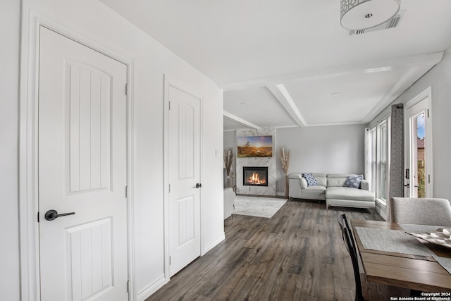 931 Republic Rd, New Caney, TX 77357 - hall with dark wood-style floors and beamed ceiling