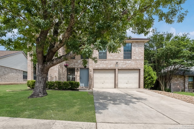 2516 Hidden Grv, Schertz, TX 78154 - view of front of property featuring concrete driveway, an attached garage, brick siding, and a front lawn