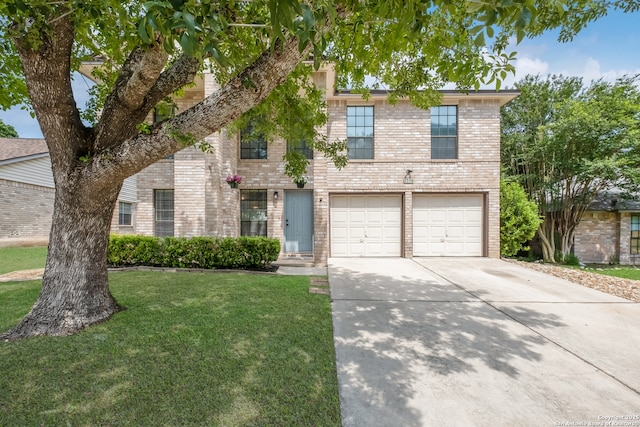 2516 Hidden Grv, Schertz, TX 78154 - view of front of house with brick siding, driveway, an attached garage, and a front yard