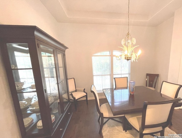 614 Slumber, San Antonio, TX 78260 - dining area with a chandelier, a tray ceiling, and dark wood-style flooring