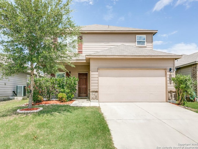 9410 Sandy Rdg, San Antonio, TX 78239 - view of front of property with concrete driveway, an attached garage, a front lawn, and brick siding