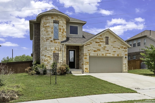 945 Foxbrook, Cibolo, TX 78108 - view of front facade with stone siding, a shingled roof, a garage, and concrete driveway
