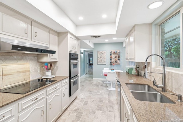 11214 Whisper Fls, San Antonio, TX 78230 - kitchen featuring appliances with stainless steel finishes, tasteful backsplash, under cabinet range hood, white cabinetry, and recessed lighting
